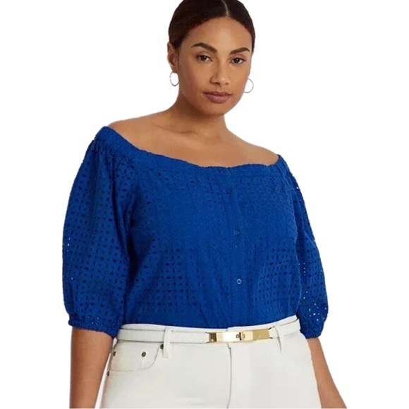 Lauren Ralph Lauren Tops - NWT Lauren Ralph Lauren Eyelet Cotton Button Blue Off The Shoulder Blouse,  XL